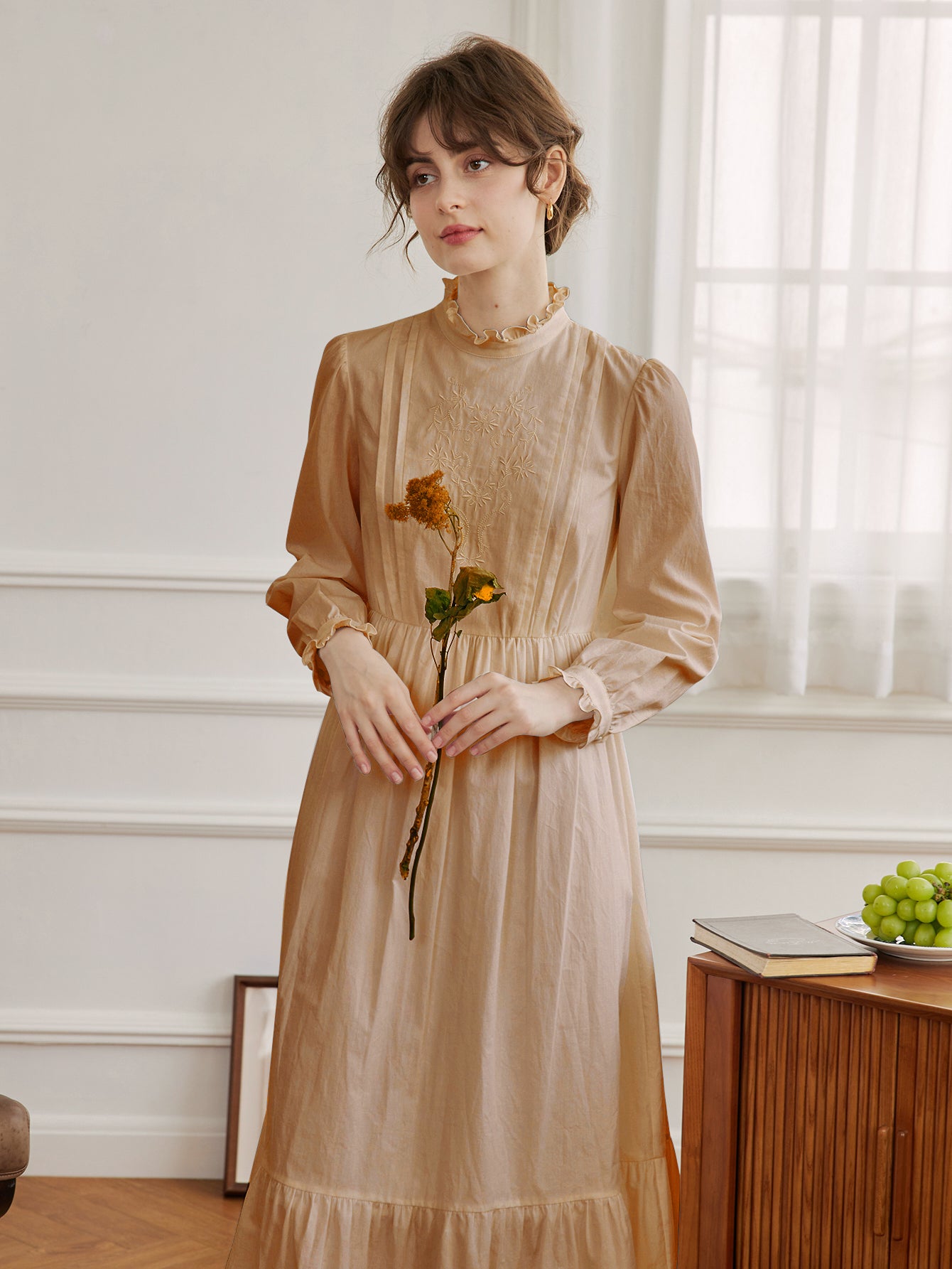 Aurelia Retro Long Sleeve Khaki Dress Simple Retro 1543