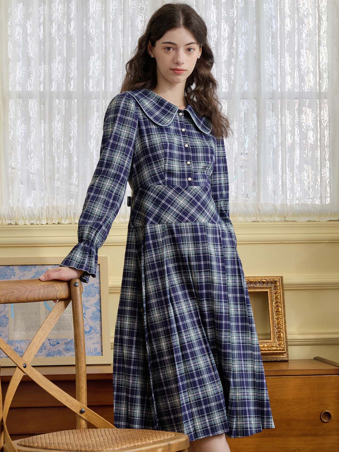 Hailey Plaid Print Peter Pan Collar Flounce Sleeve Dress