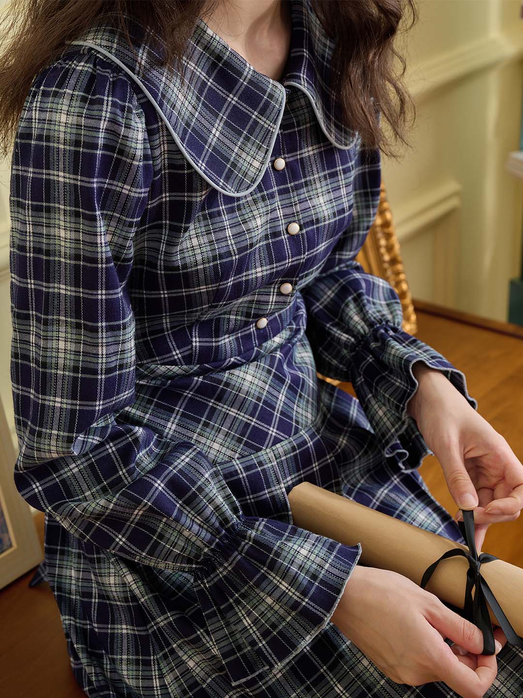 Hailey Plaid Print Peter Pan Collar Flounce Sleeve Dress