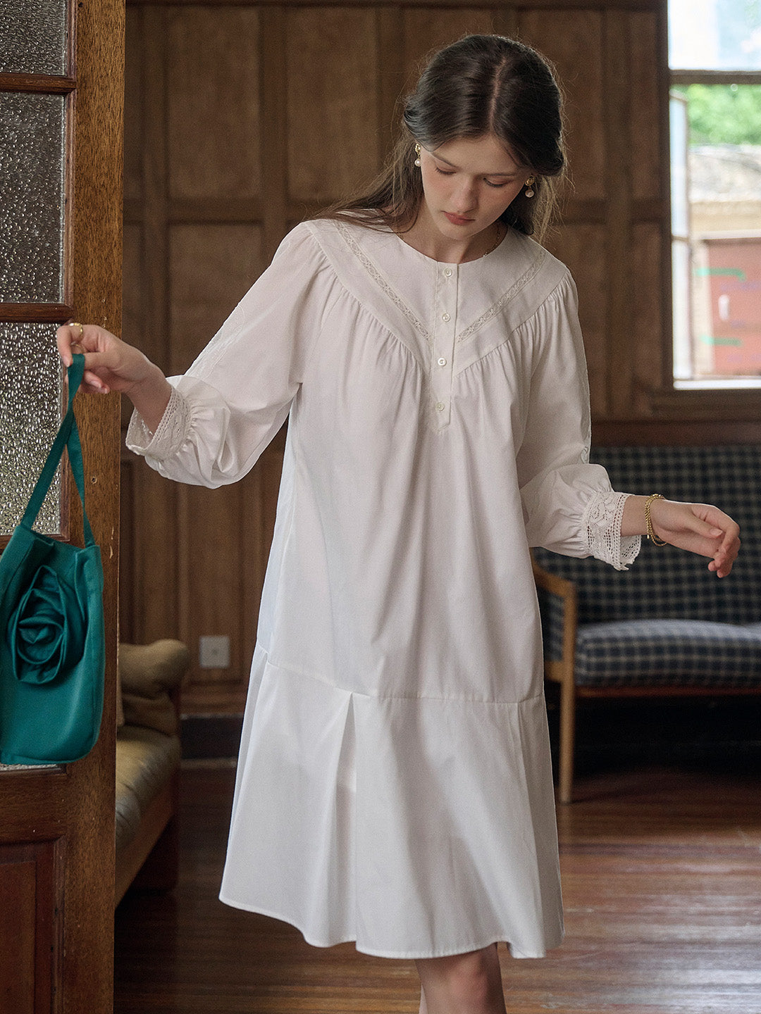 Ailani Classic Round Neck Hollow Embroidery Lantern Sleeve Cotton Dress