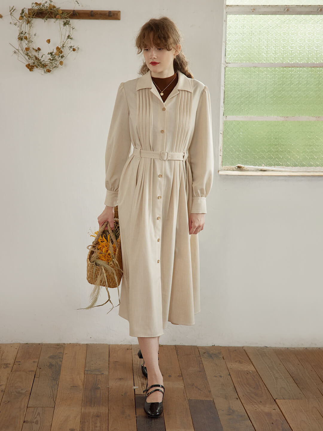 Ellie Puff Sleeve Khaki Shirt Dress/simple retro