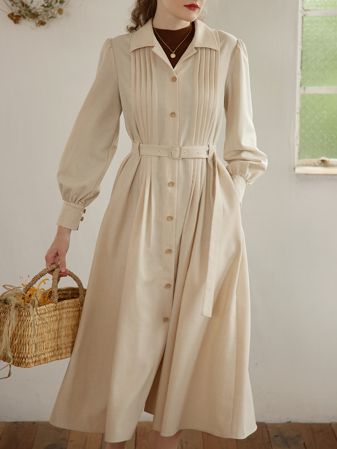 Ellie Puff Sleeve Khaki Shirt Dress/simple retro