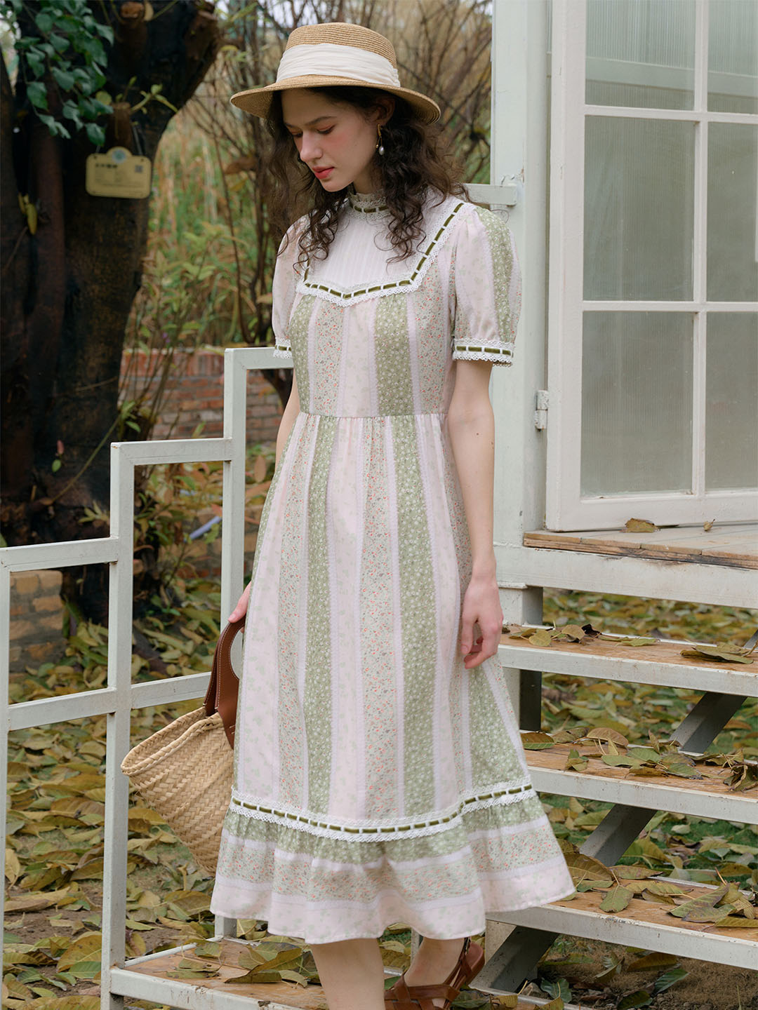 Allie Mock Neck Trim Lace Floral Print Contrast Patchwork Dress