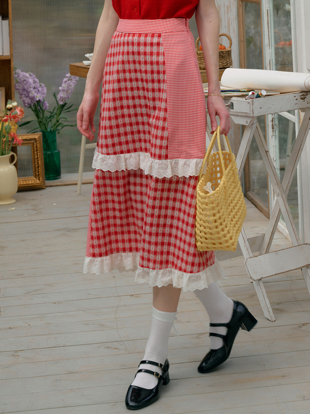 【Final Sale】Dalia Sweet Lace Contrasting Plaid Cake Skirt