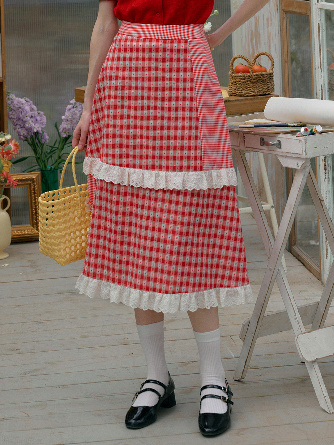 【Final Sale】Dalia Sweet Lace Contrasting Plaid Cake Skirt