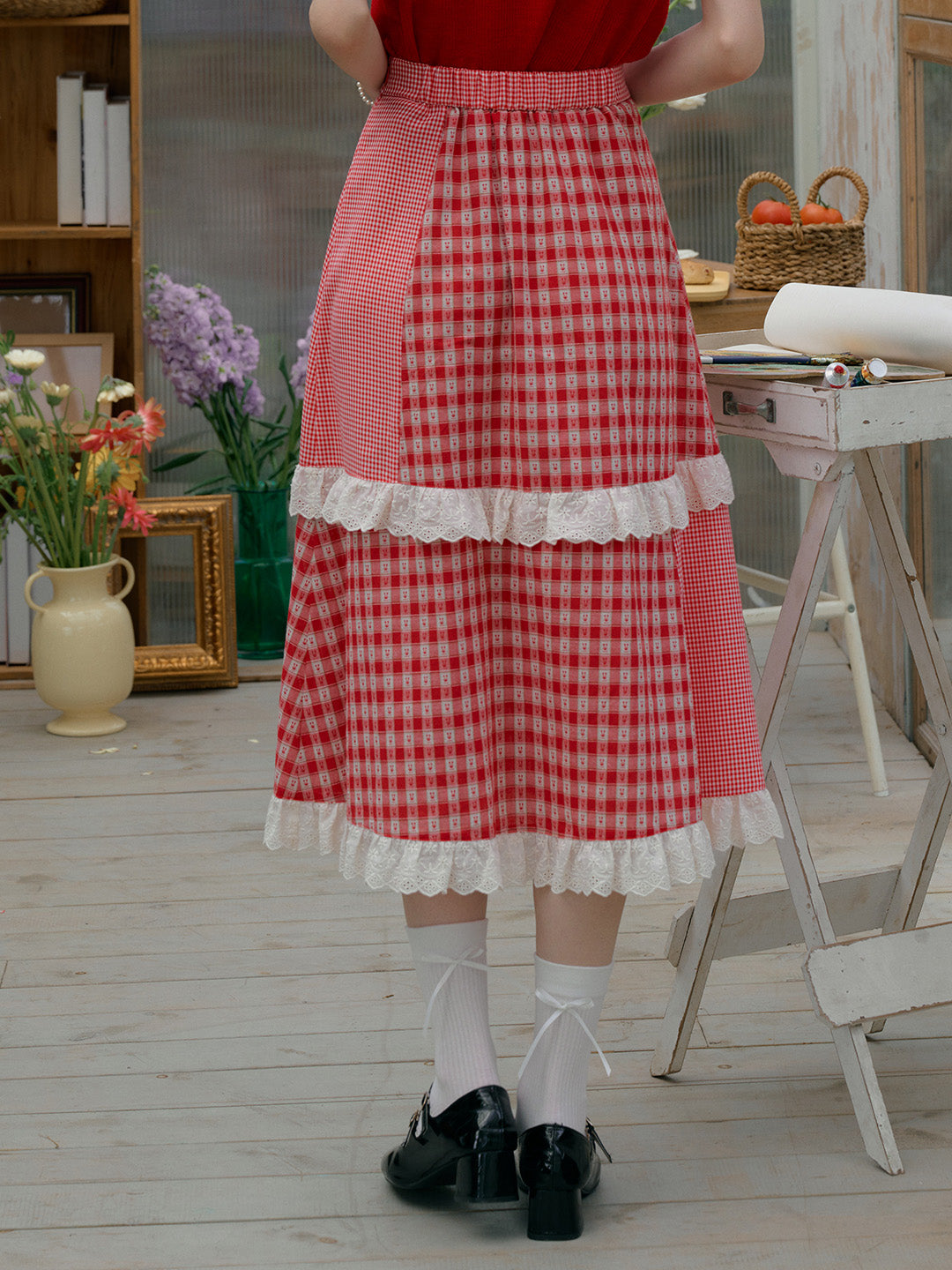 【Final Sale】Dalia Sweet Lace Contrasting Plaid Cake Skirt