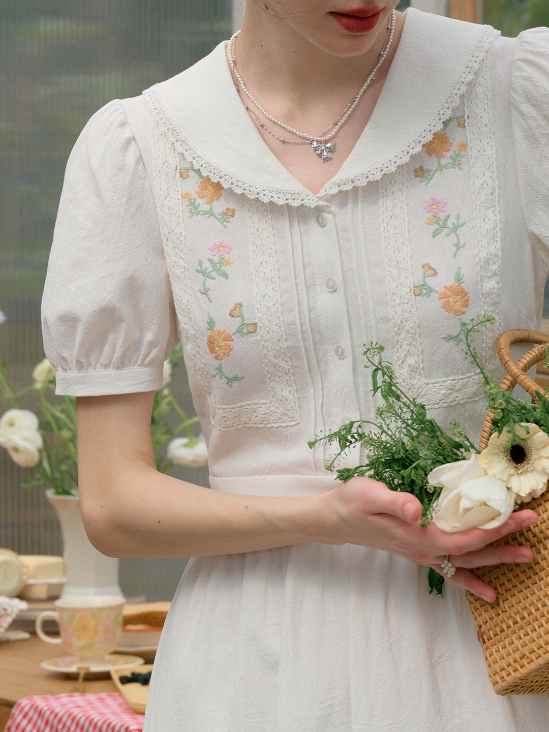 Adelina Peter Pan Collar Floral Embroidered Hollow Lace Puff Sleeve Cotton Dress