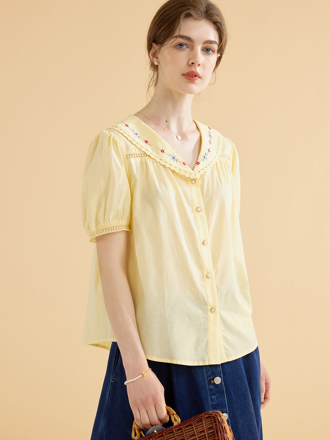 【Final Sale】Angelique Embroidered Lapel Puff Sleeve Cotton Shirt