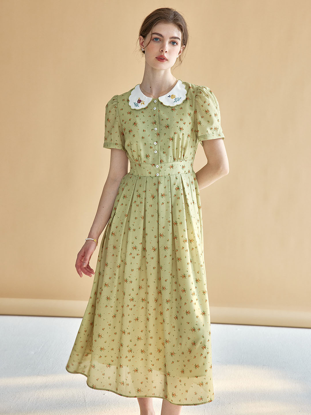 Livia Ditsy Floral Print Peter Pan Collar Puff Sleeve Dress