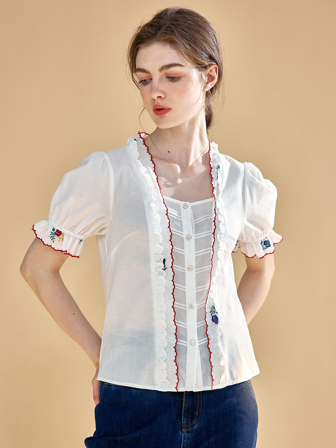 【Final Sale】Rivka Embroidered Lace Cotton White Blouse