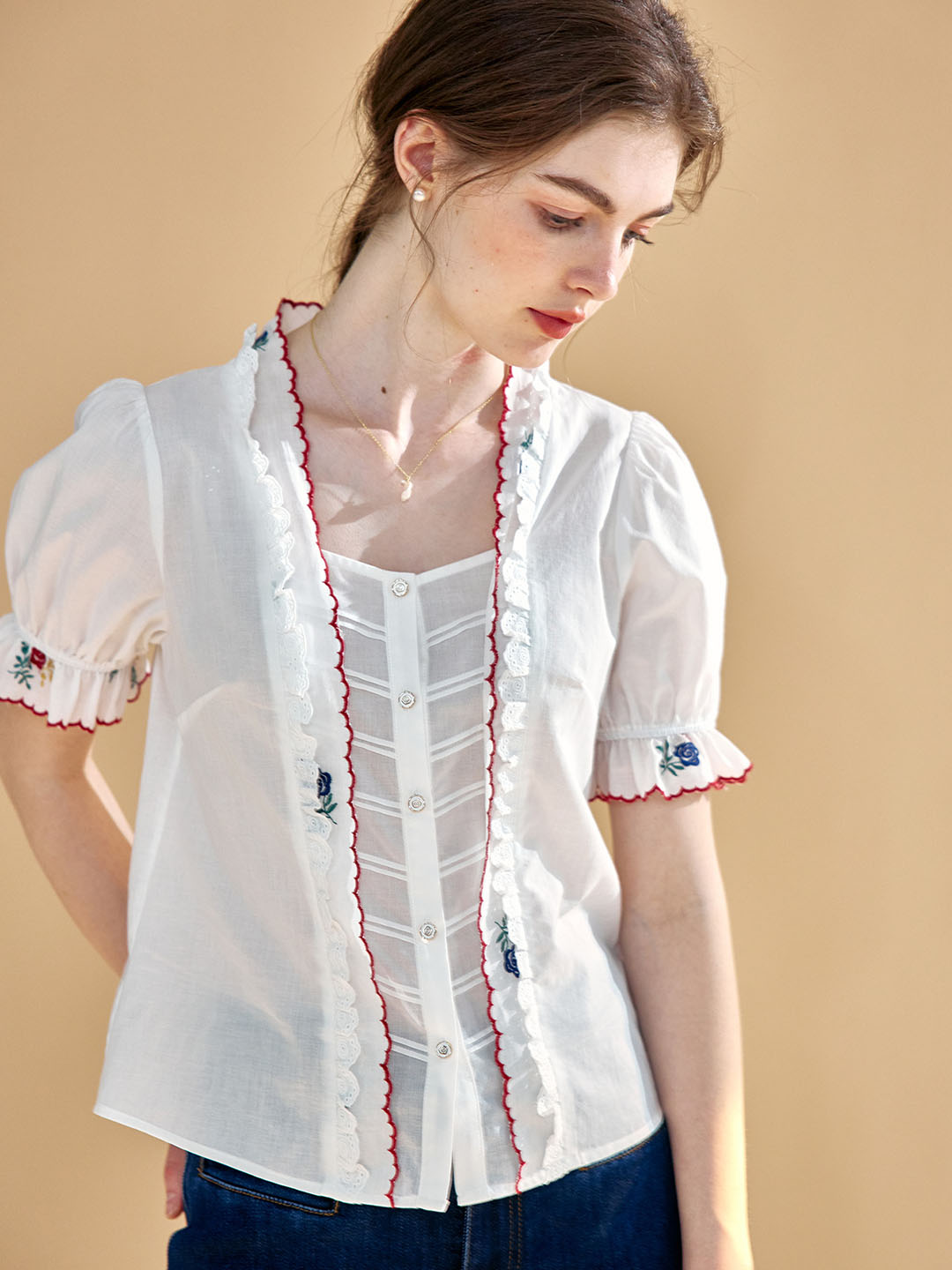 【Final Sale】Rivka Embroidered Lace Cotton White Blouse