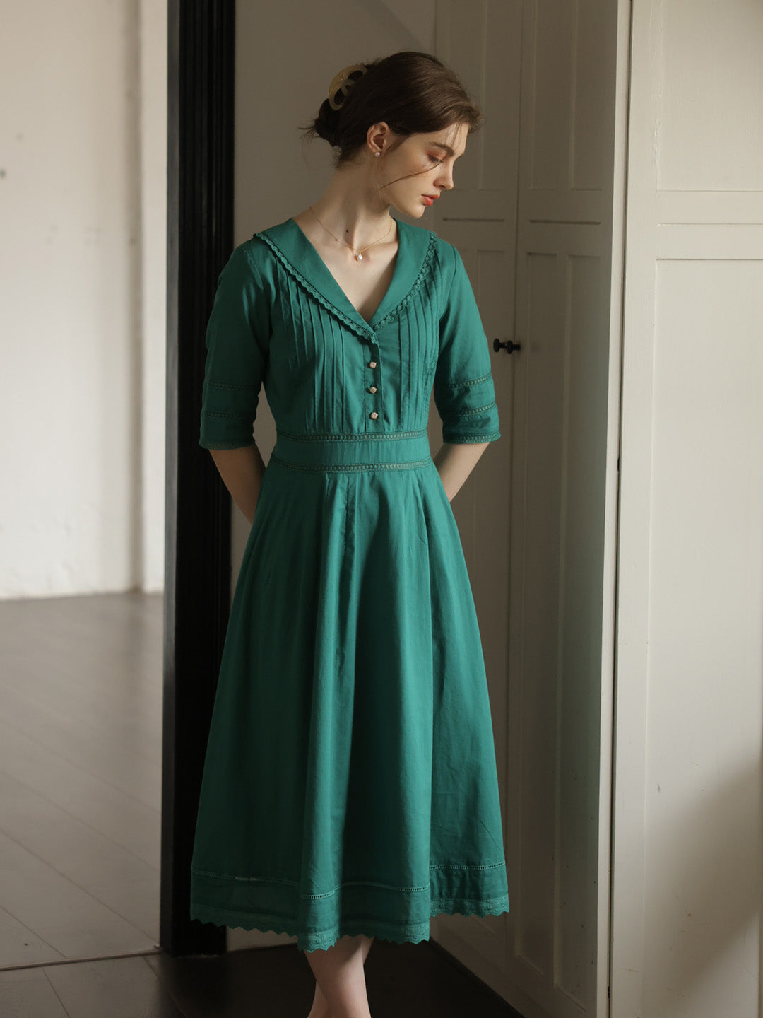 Fiona 100% Cotton Emerald Green Midi Dress