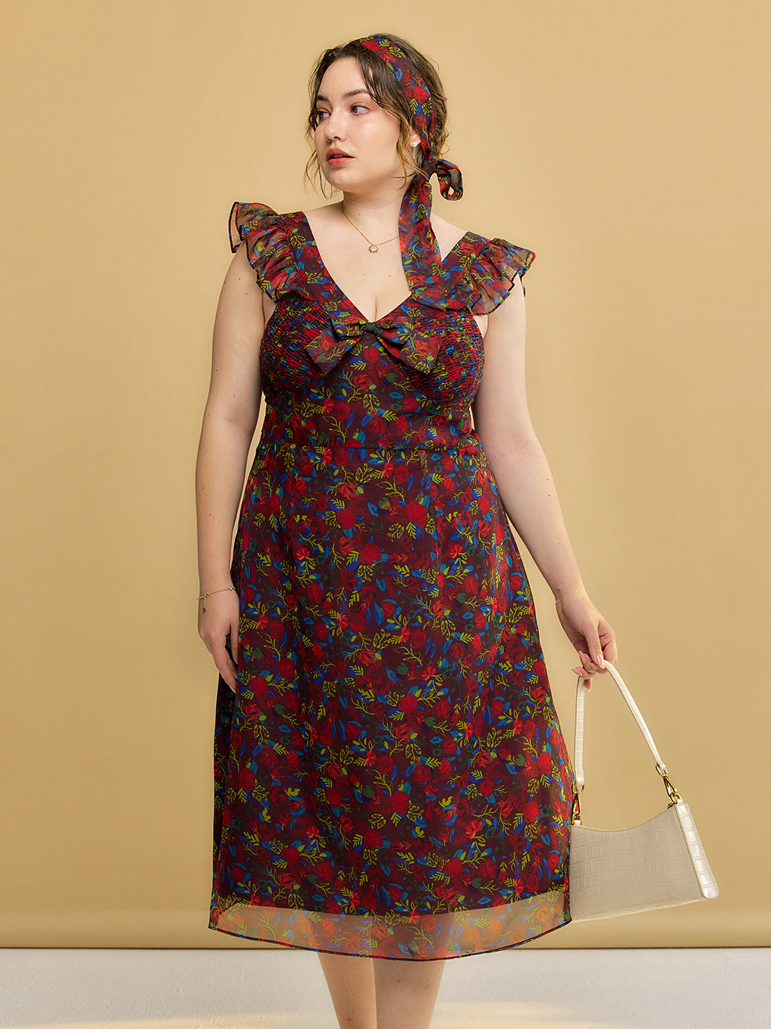 【Final Sale】Plus Size Kora Floral Printed Lace Sleeves Midi Dress