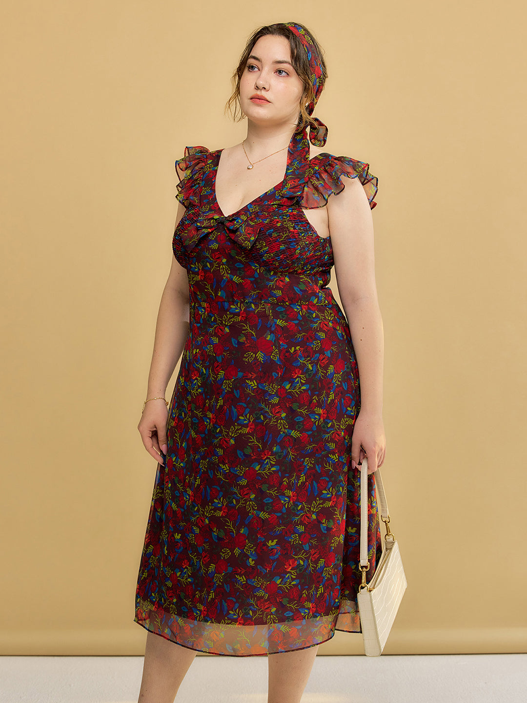 【Final Sale】Plus Size Kora Floral Printed Lace Sleeves Midi Dress