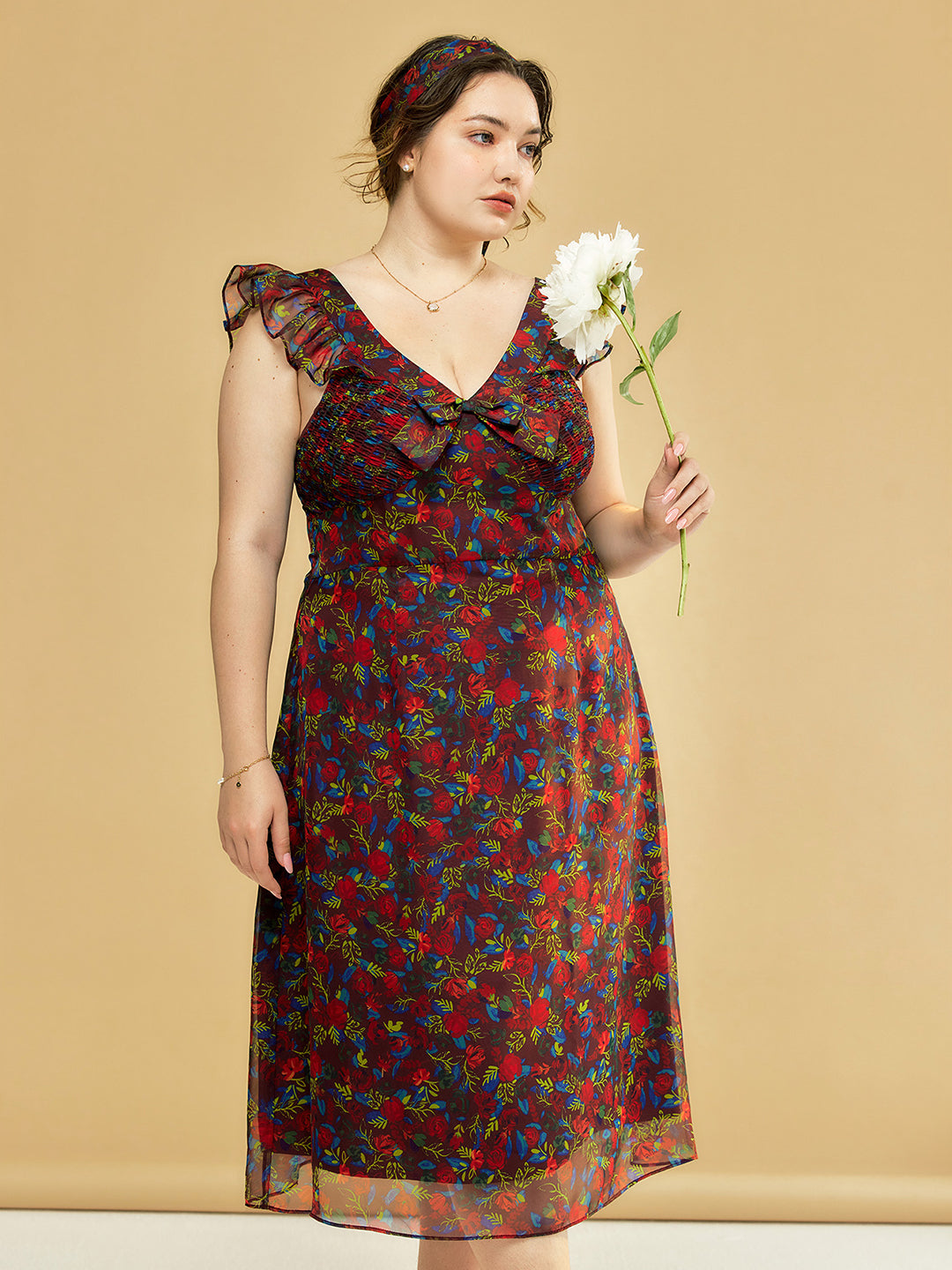 【Final Sale】Plus Size Kora Floral Printed Lace Sleeves Midi Dress