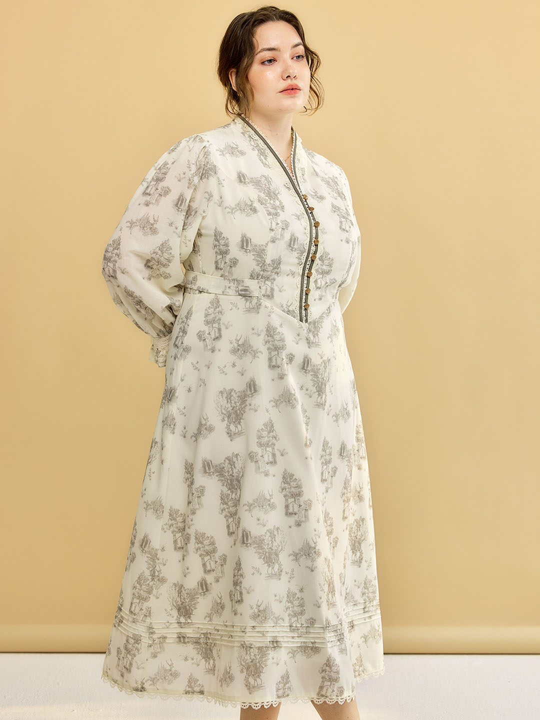 【Final Sale】Plus Size Lyric Printed Stand Collar Midi Dress