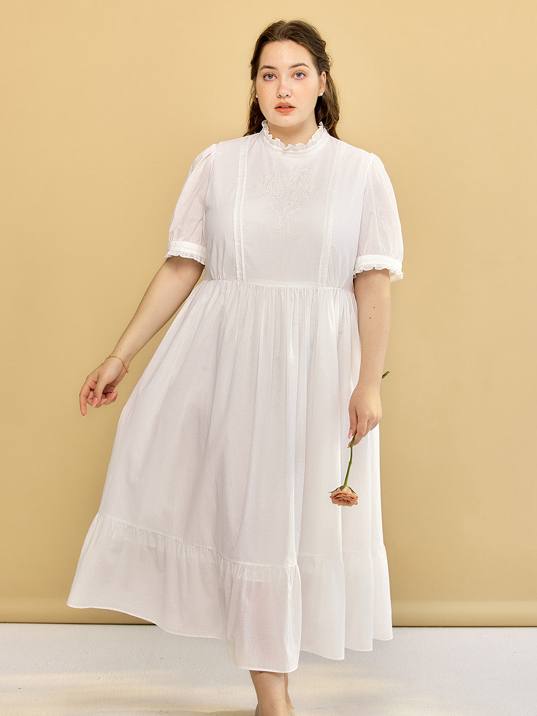 【Final Sale】Plus Size Afra White Stand-up Collar Bubble Sleeve Dress