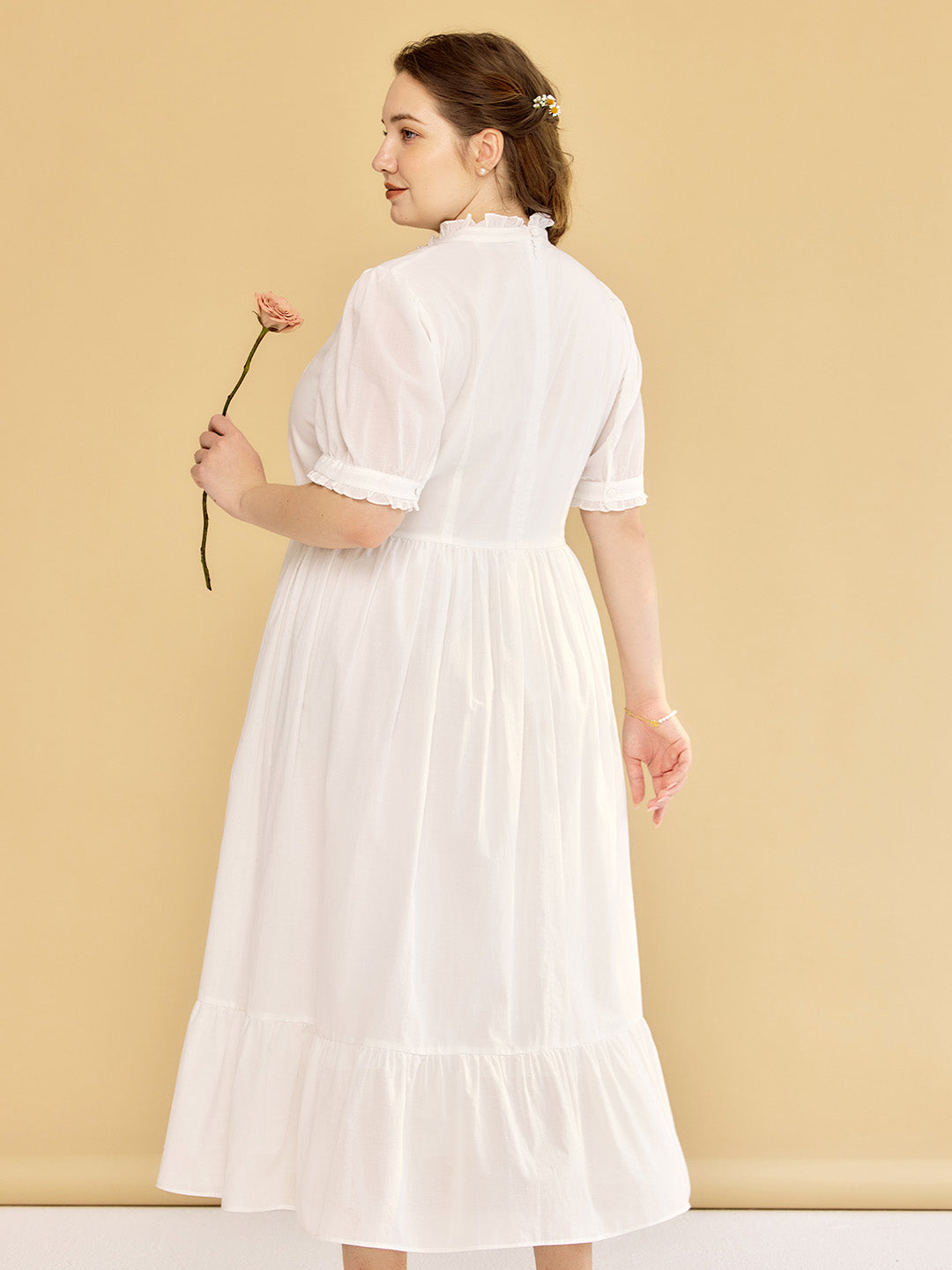 【Final Sale】Plus Size Afra White Stand-up Collar Bubble Sleeve Dress