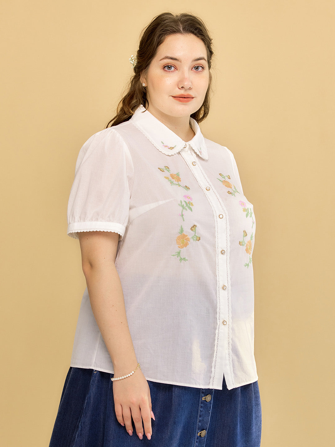 Plus Size Emmy Floral Embroidery Button Front Shirt