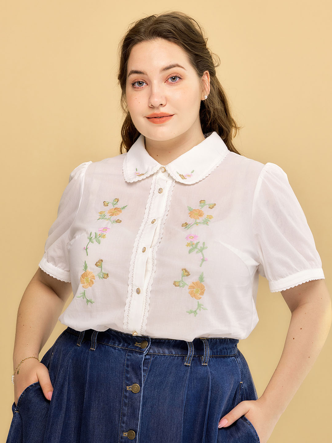 Plus Size Emmy Floral Embroidery Button Front Shirt