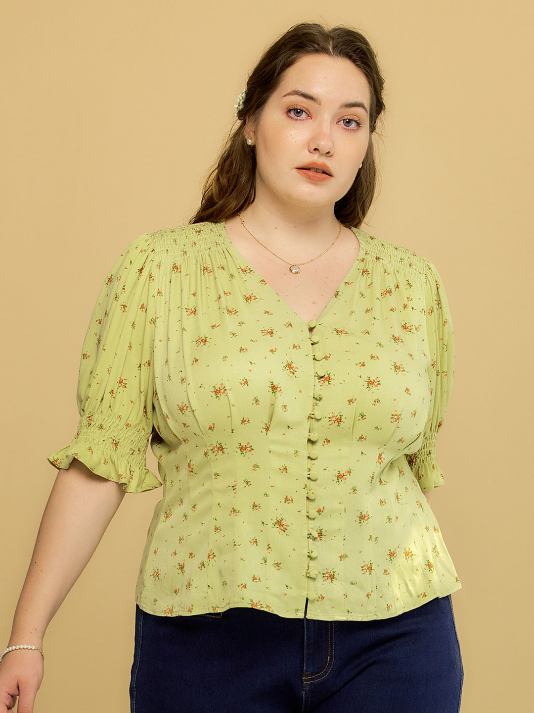 【Final Sale】Plus Size Rosalina V-Neck Puff Sleeve Shirt