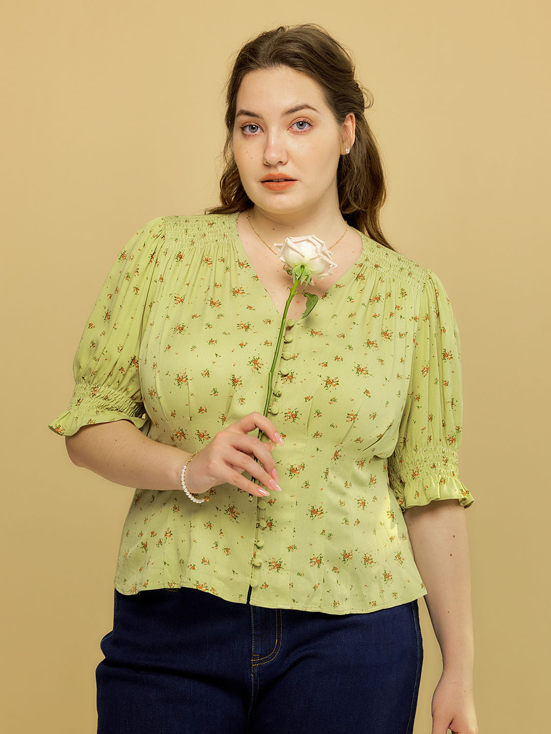 【Final Sale】Plus Size Rosalina V-Neck Puff Sleeve Shirt