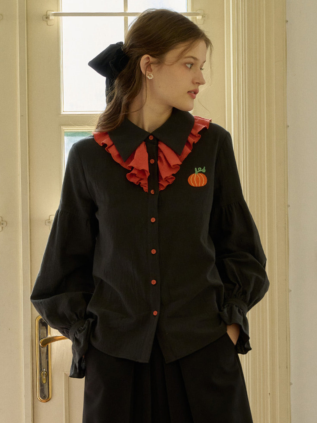 【Black Friday】Emryn Contrast Panels Pumpkin Halloween Shirt