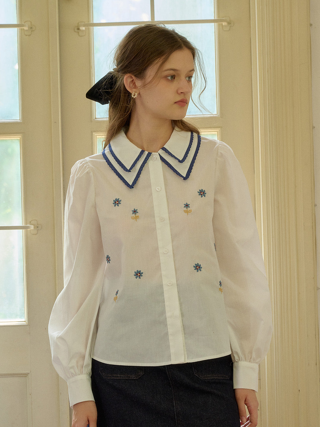 【Final Sale】Paloma Embroidered Double-Collar Color-Block Shirt