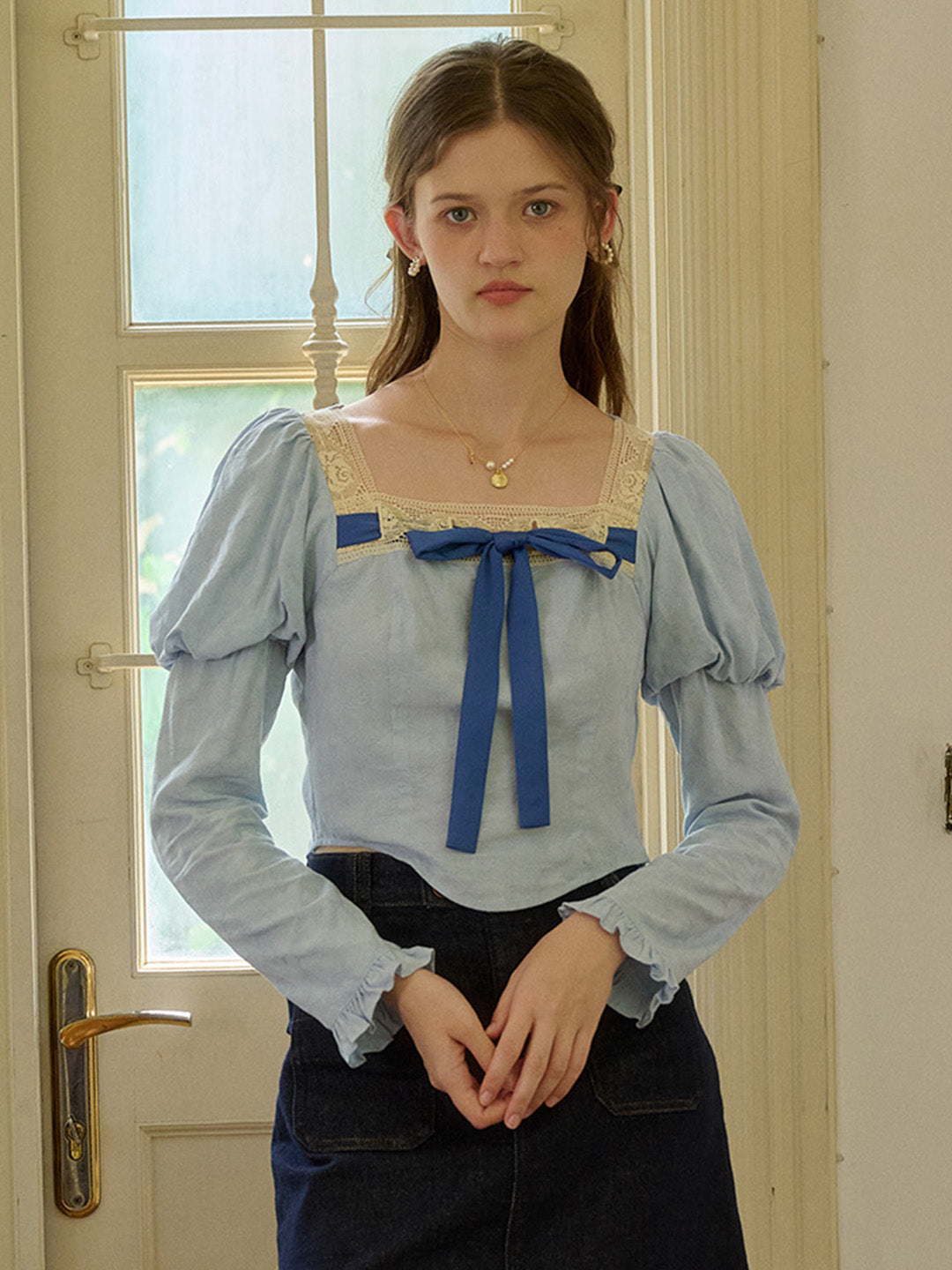 【Final Sale】Aaliyah Square Collar Bow Light Blue Blouse