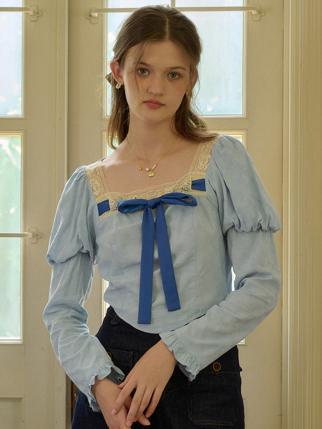 【Final Sale】Aaliyah Square Collar Bow Light Blue Blouse