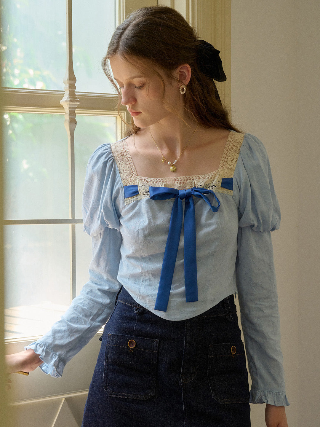 【Final Sale】Aaliyah Square Collar Bow Light Blue Blouse