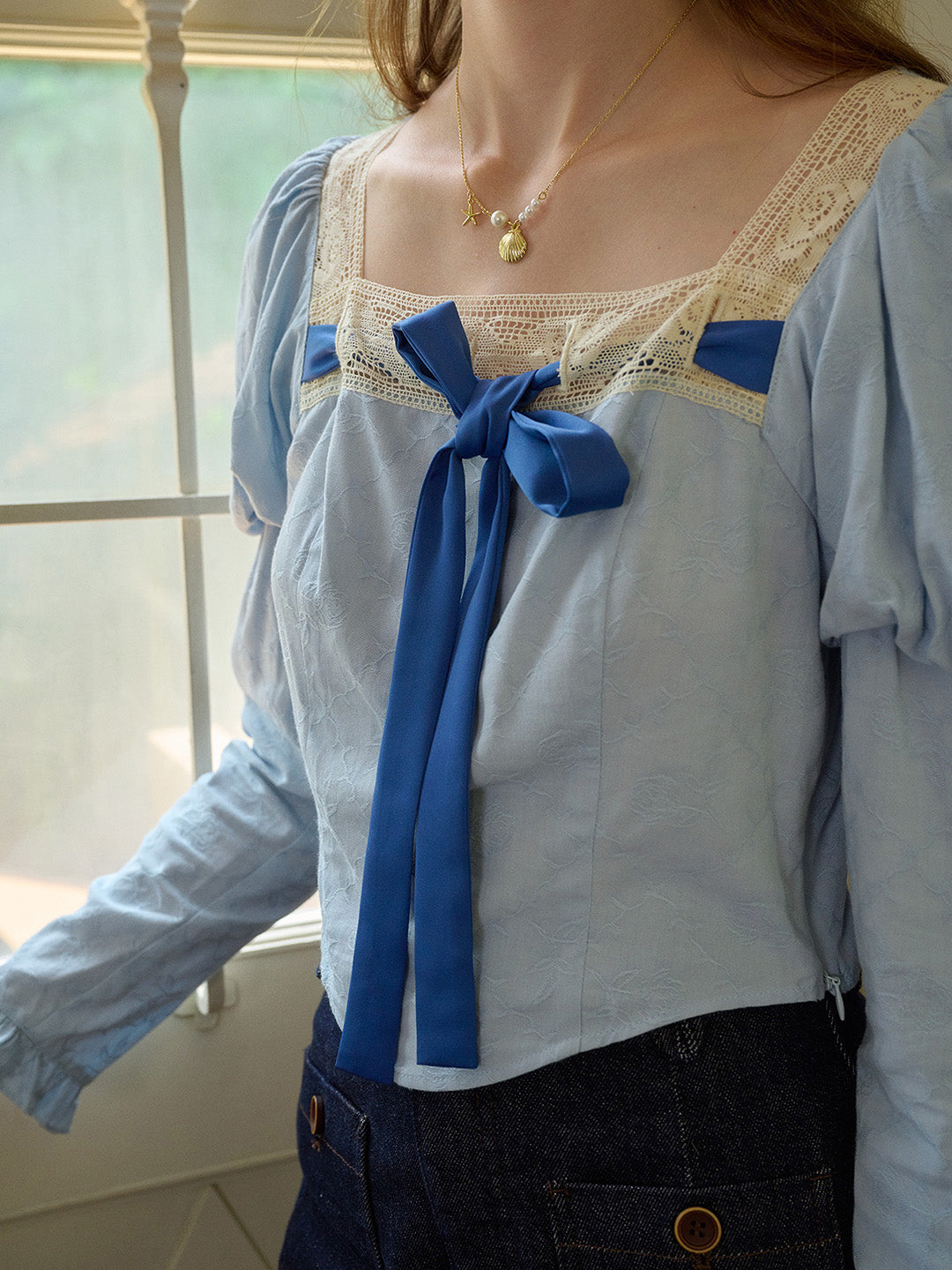 【Black Friday】Aaliyah Square Collar Bow Light Blue Blouse