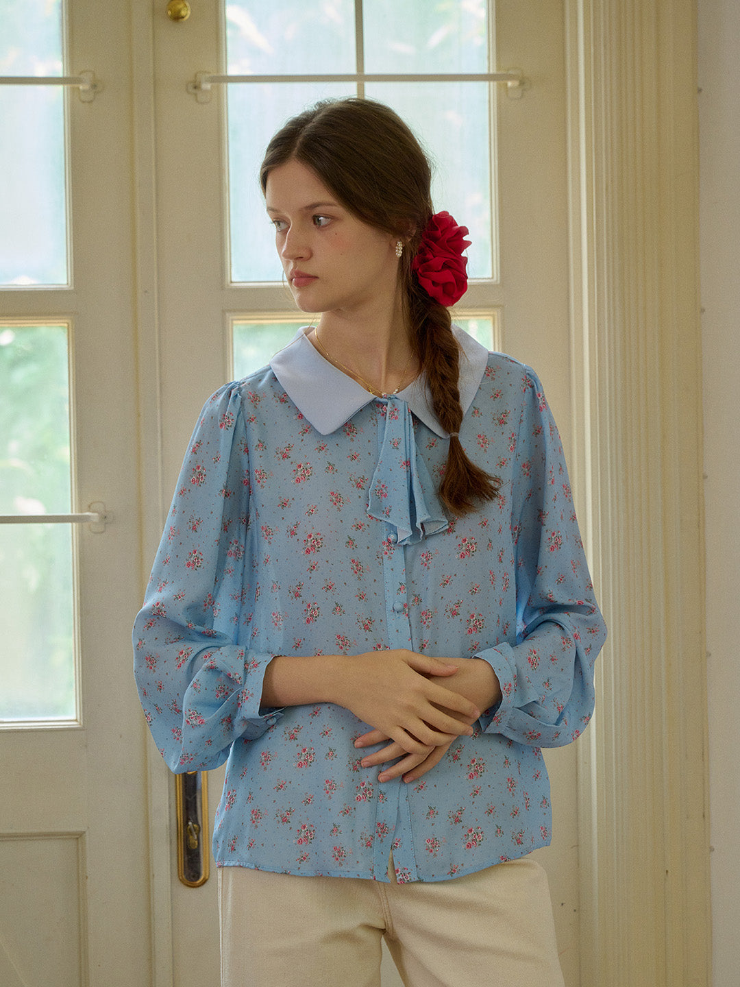 【Final Sale】Alexis Long Sleeve Patchwork Peter Pan Collar Embroidery Casual Blouse