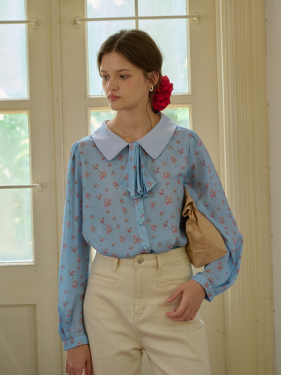 【Final Sale】Alexis Long Sleeve Patchwork Peter Pan Collar Embroidery Casual Blouse