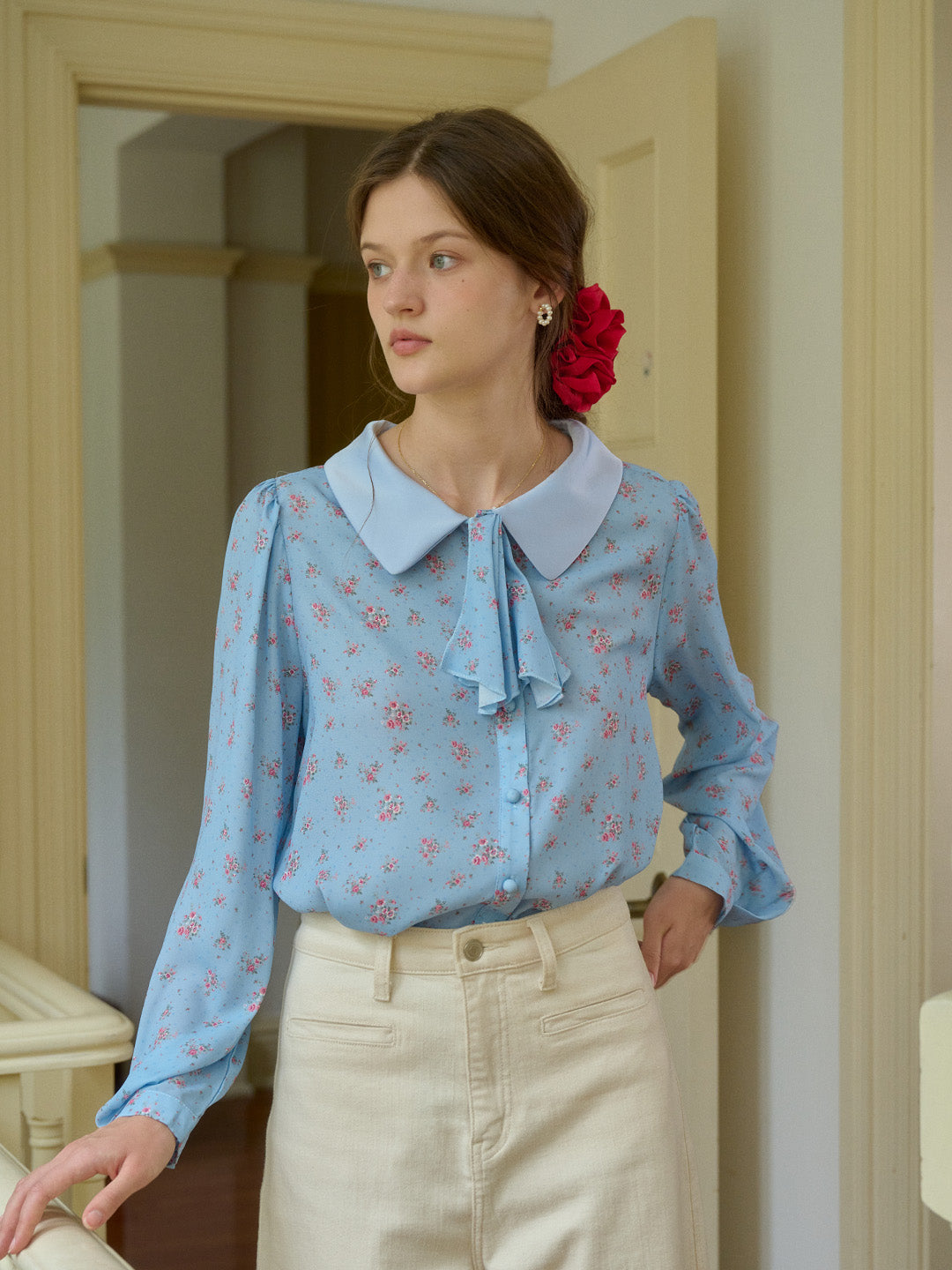 【Final Sale】Alexis Long Sleeve Patchwork Peter Pan Collar Embroidery Casual Blouse