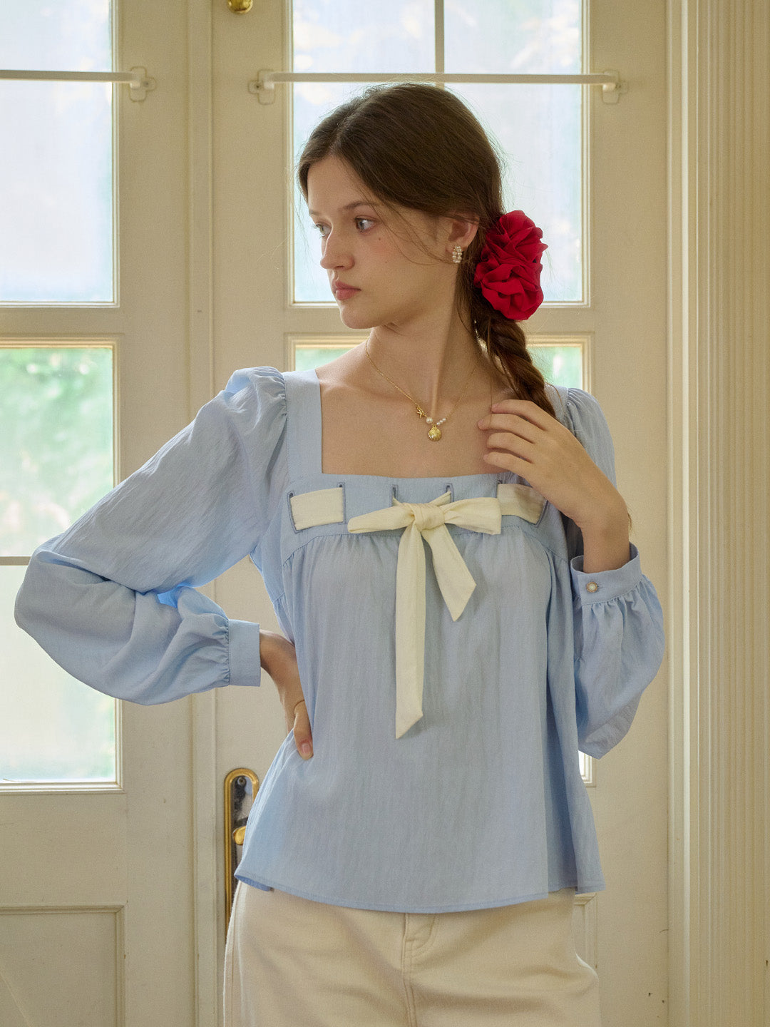 【Final Sale】Lilia Square Collar Bow Light Blue Blouse