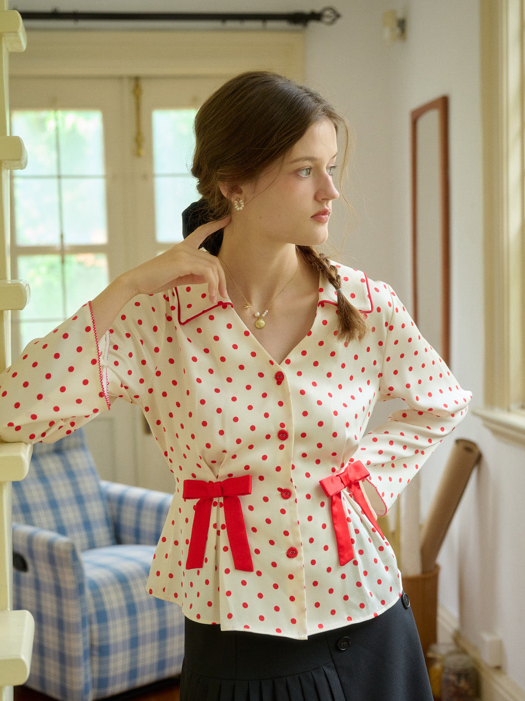 【Final Sale】Emiliana V-Neck Polka Dots Bow Contrasting Blouse