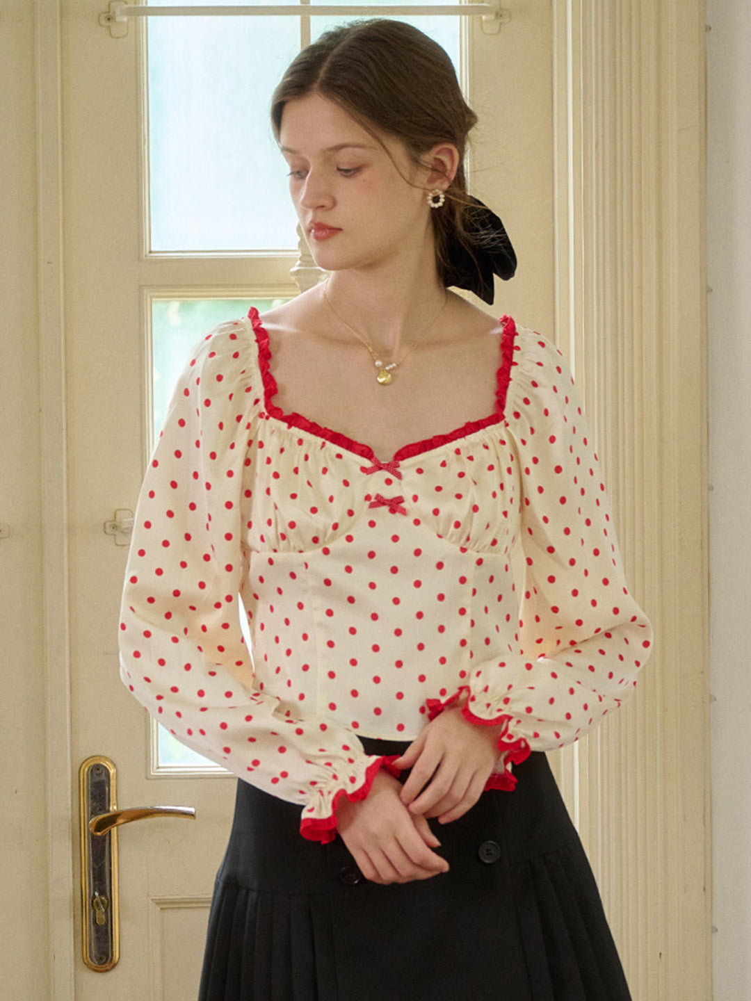 【Black Friday】Ashlynn Square Collar Contrasting Polka Dots Bow Blouse