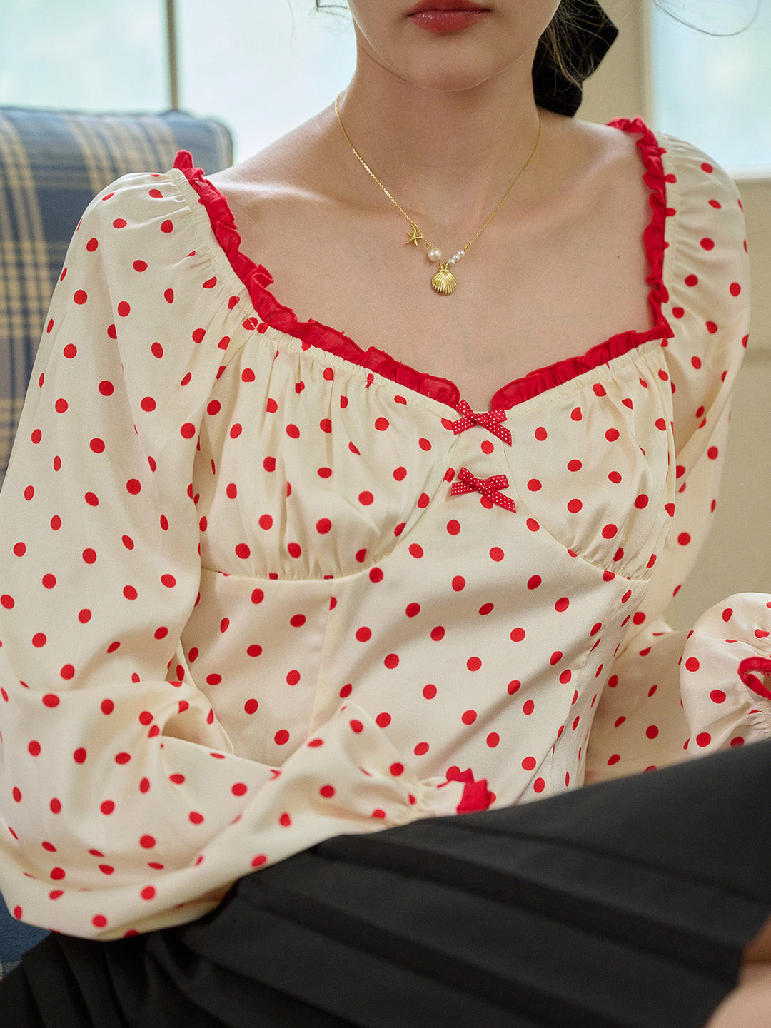 【Final Sale】Ashlynn Square Collar Contrasting Polka Dots Bow Blouse