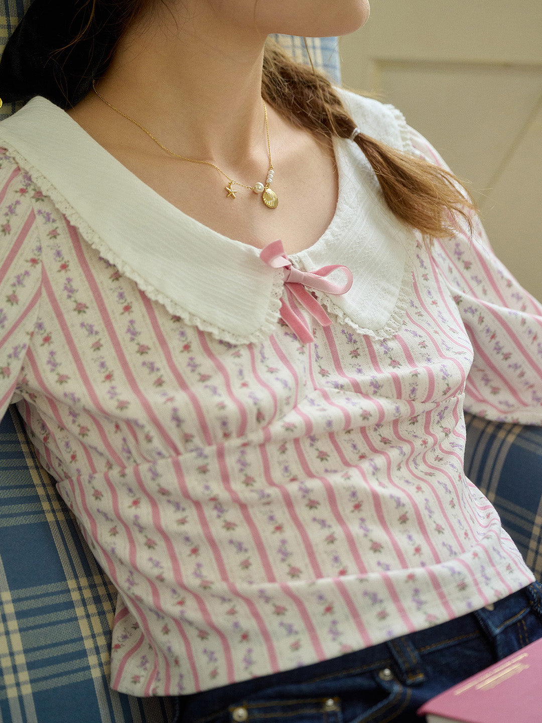 【Final Sale】Nori Cute Doll Collar Floral Bow Stripe Blouse