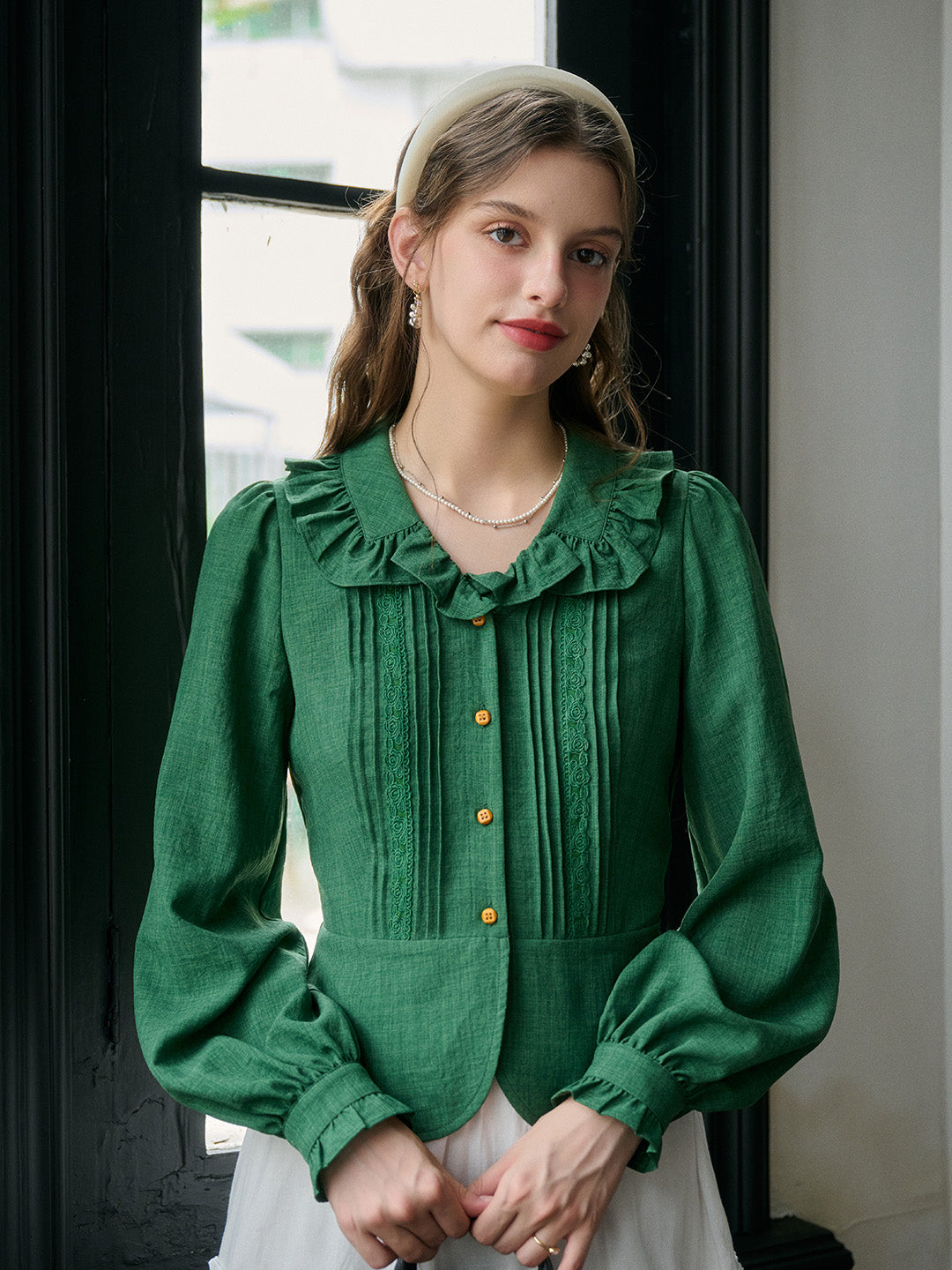 Karina Trimmed Lapel Rose Hem Ruffle Blouse