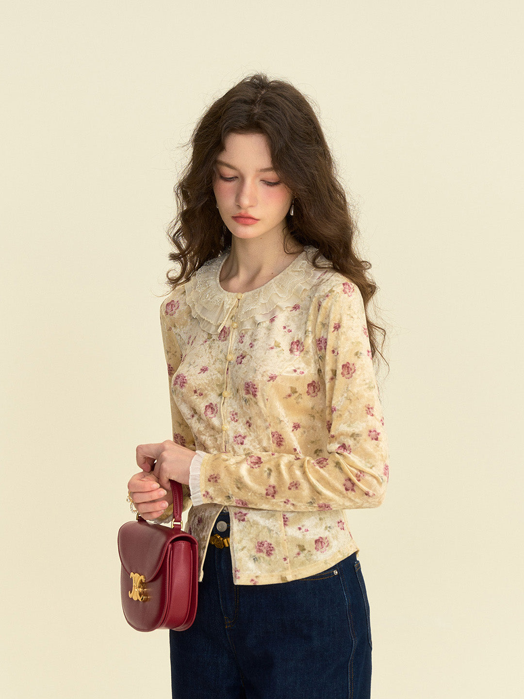 【Final Sale】Savannah Round Neck Lace Collar Floral Blouse