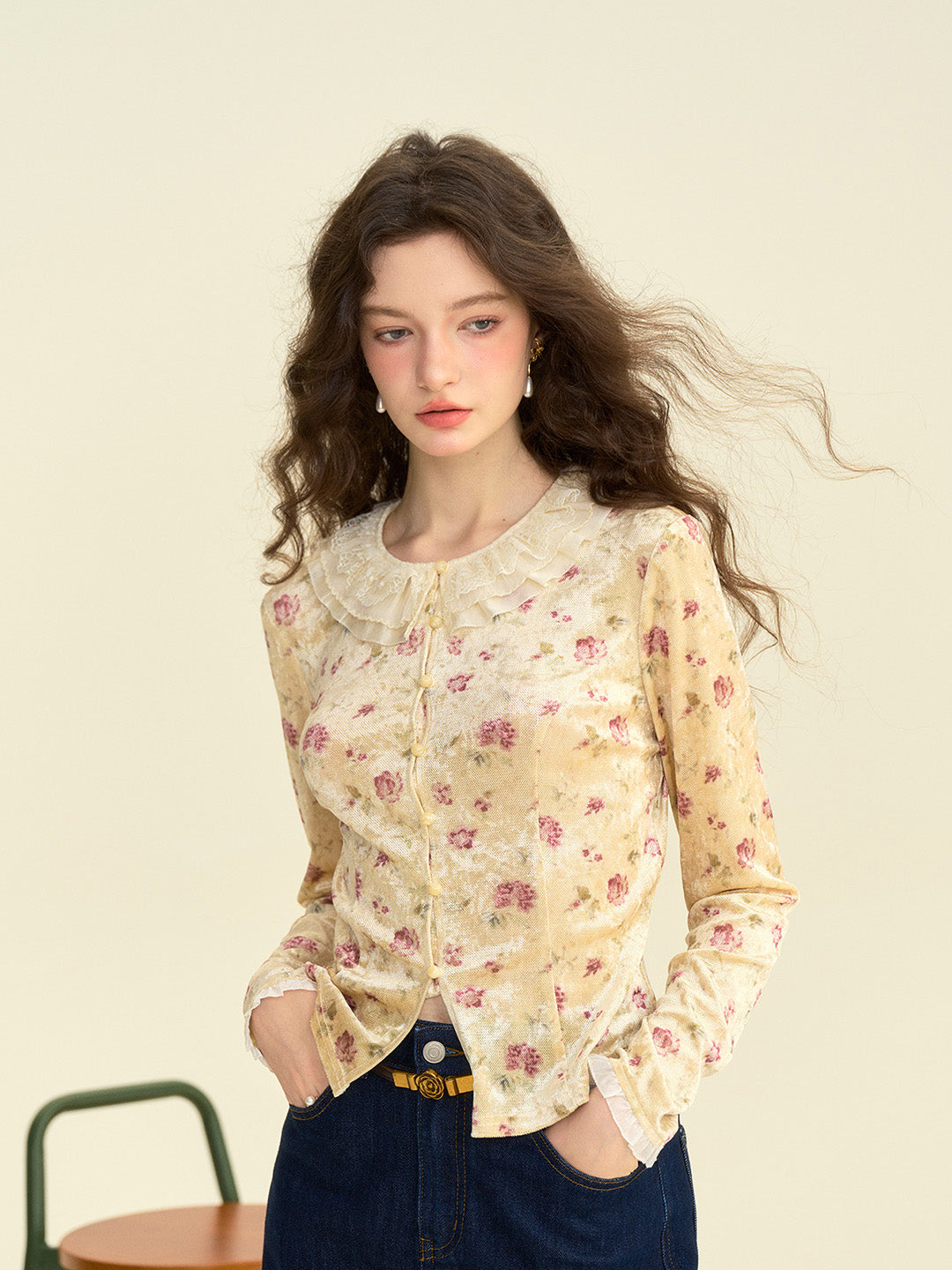 【Final Sale】Savannah Round Neck Lace Collar Floral Blouse