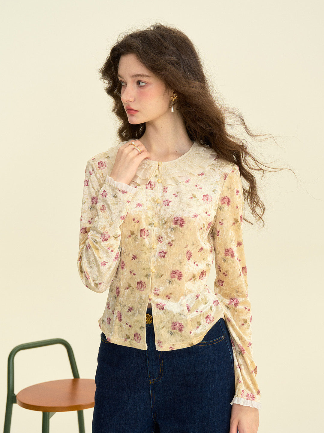 【Final Sale】Savannah Round Neck Lace Collar Floral Blouse