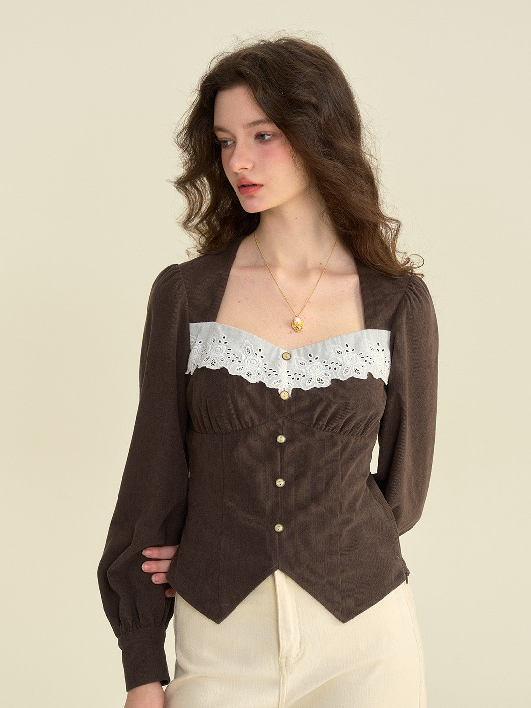 Zainab French Style Contrasting Lace Lapel Long Sleeve Blouse