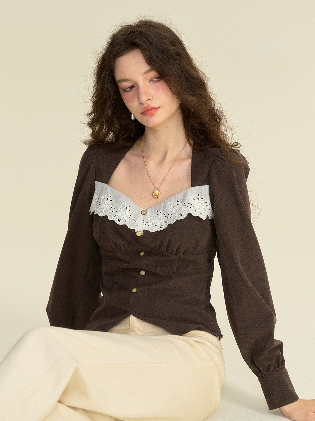 Zainab French Style Contrasting Lace Lapel Long Sleeve Blouse