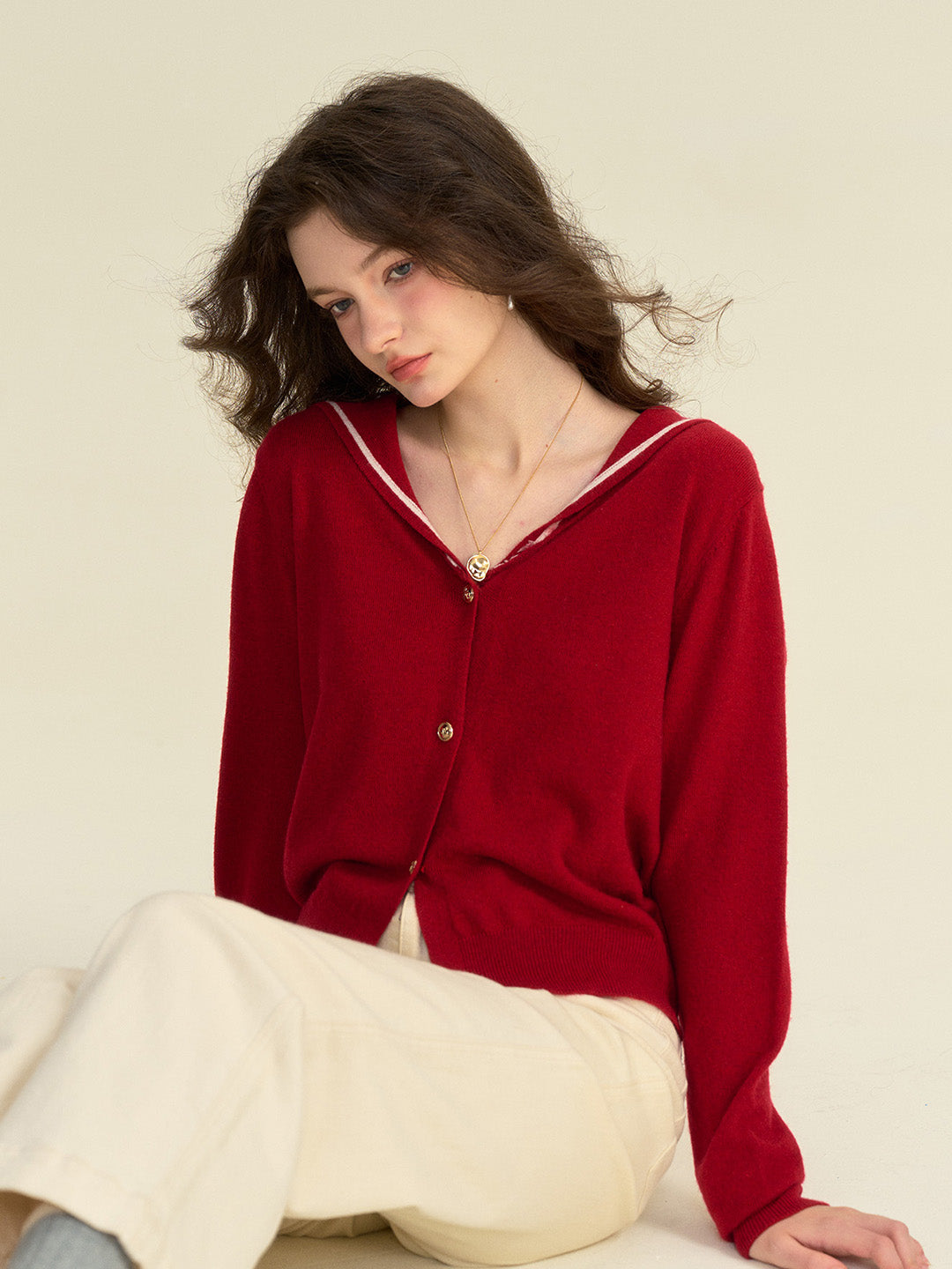 【Final Sale】Jada Simple V-Neck Red Wool Cardiagn