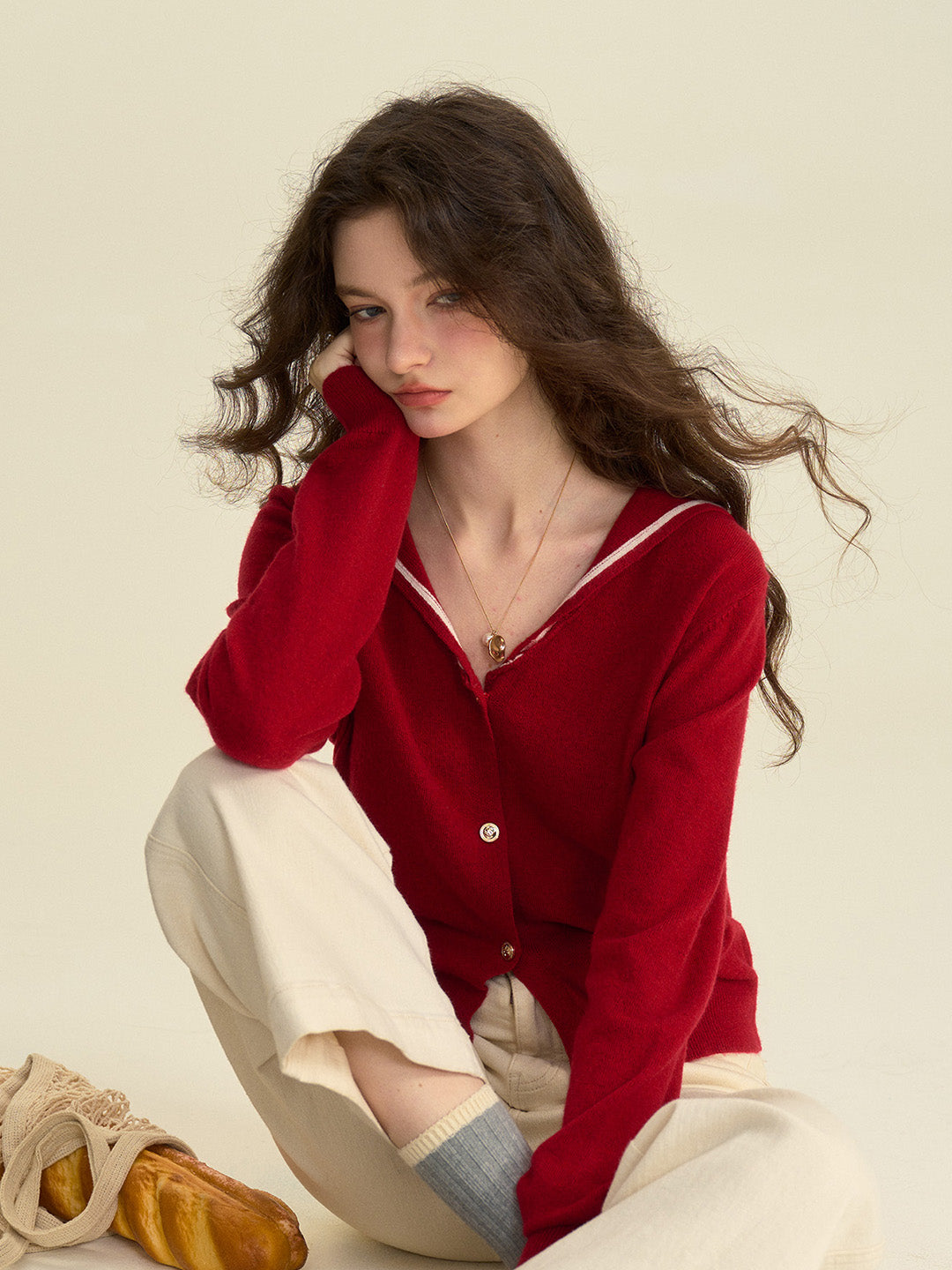 【Final Sale】Jada Simple V-Neck Red Wool Cardiagn