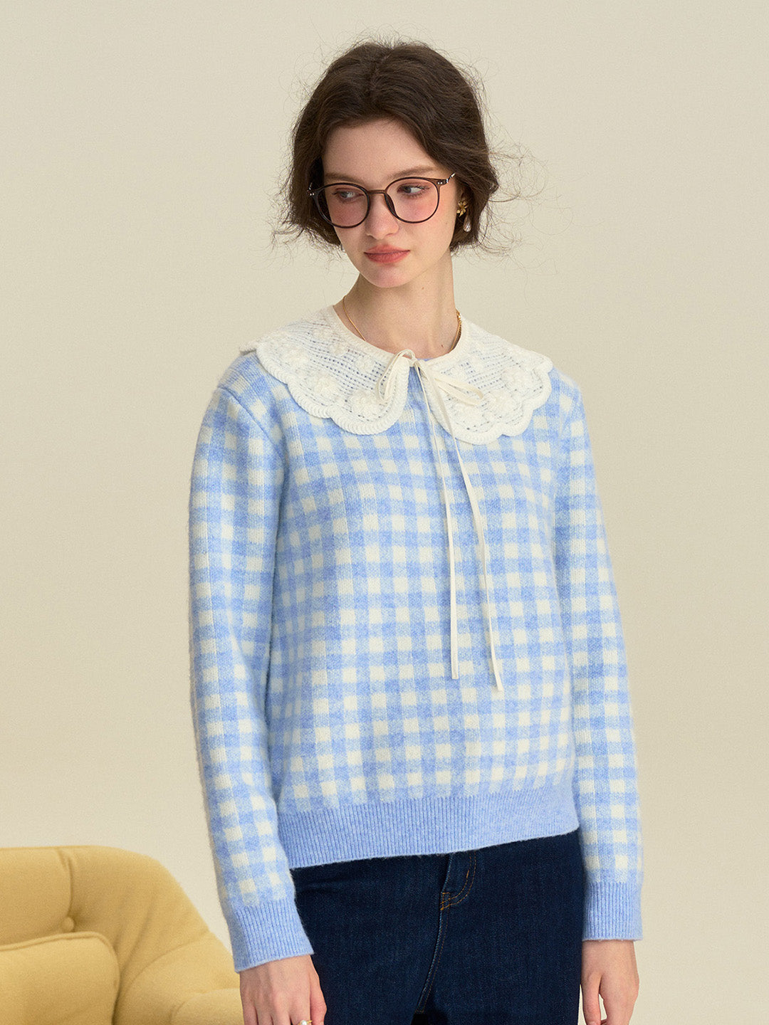 【Final Sale】Brielle Doll Collar Plaid 100% Cotton Sweater