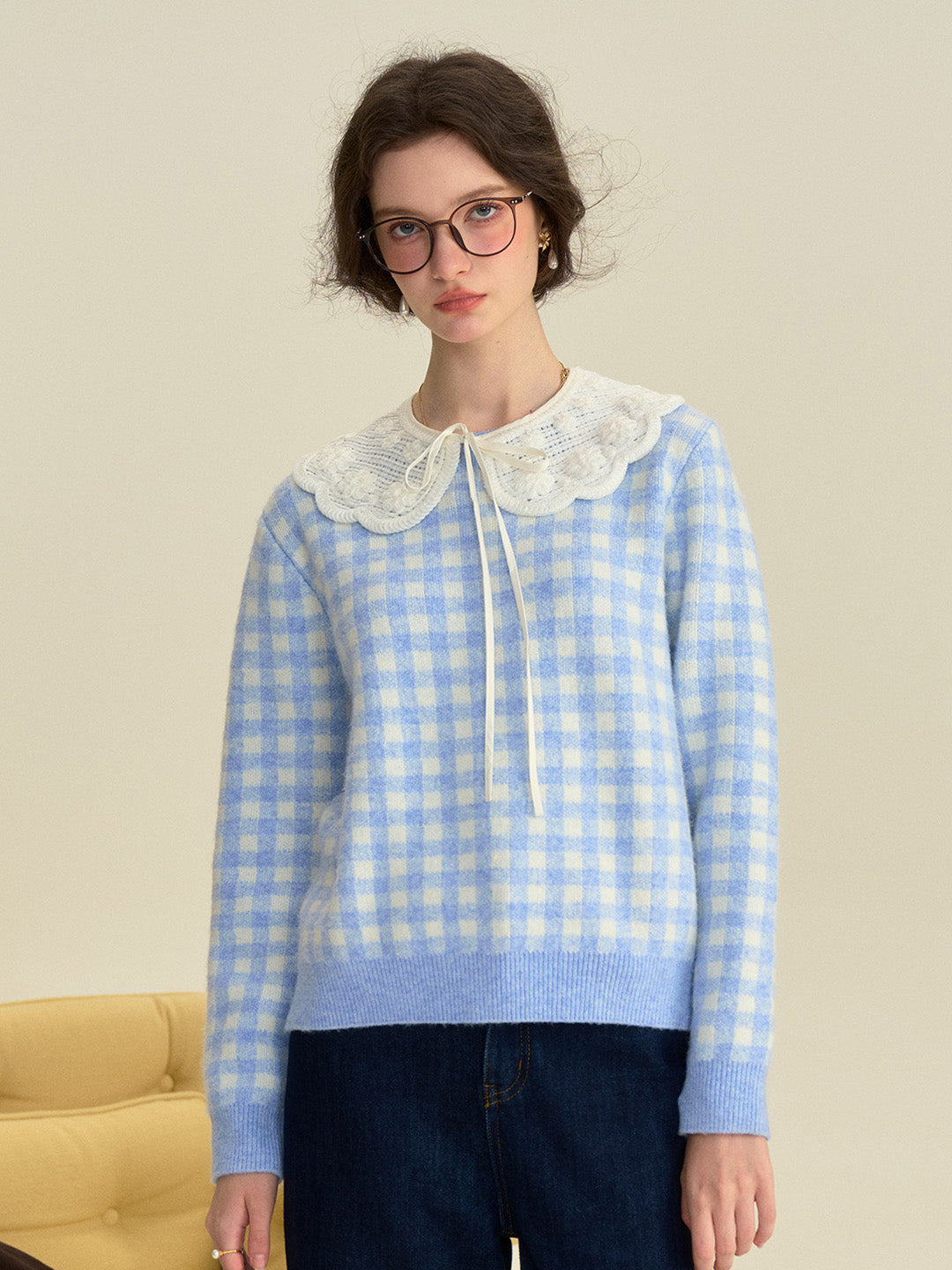 【Final Sale】Brielle Doll Collar Plaid 100% Cotton Sweater